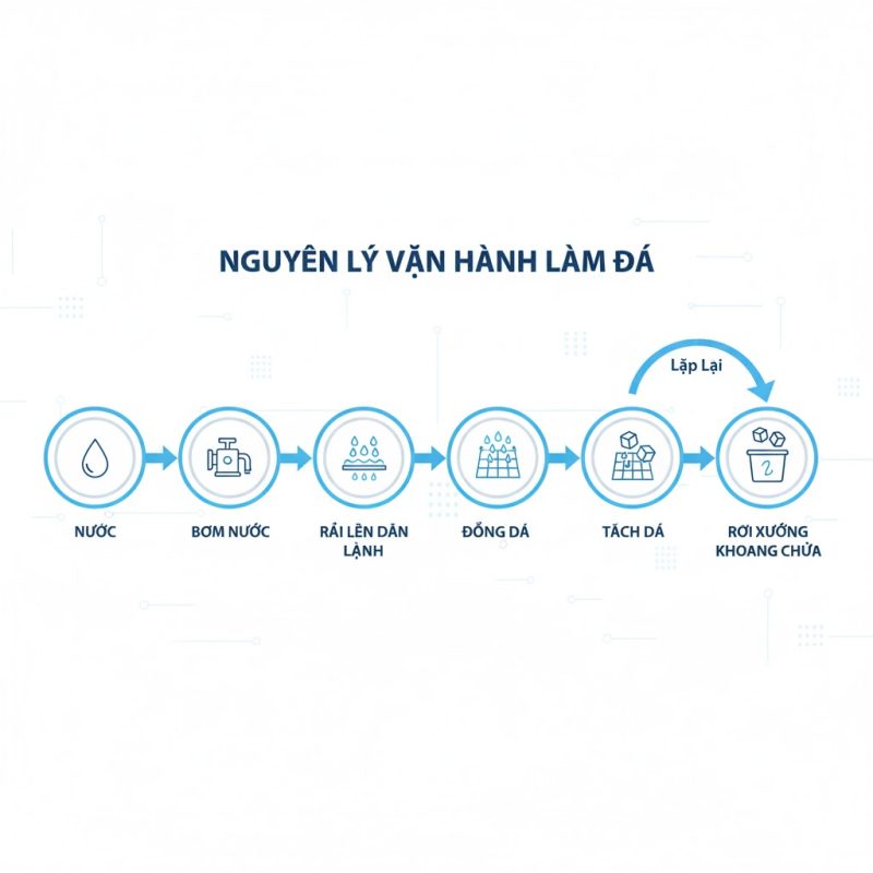 Máy làm đá chạy 24/7 có sao không? Góc nhìn kỹ thuật & vận hành thực tế 3 QUY TRINH HOAT DONG