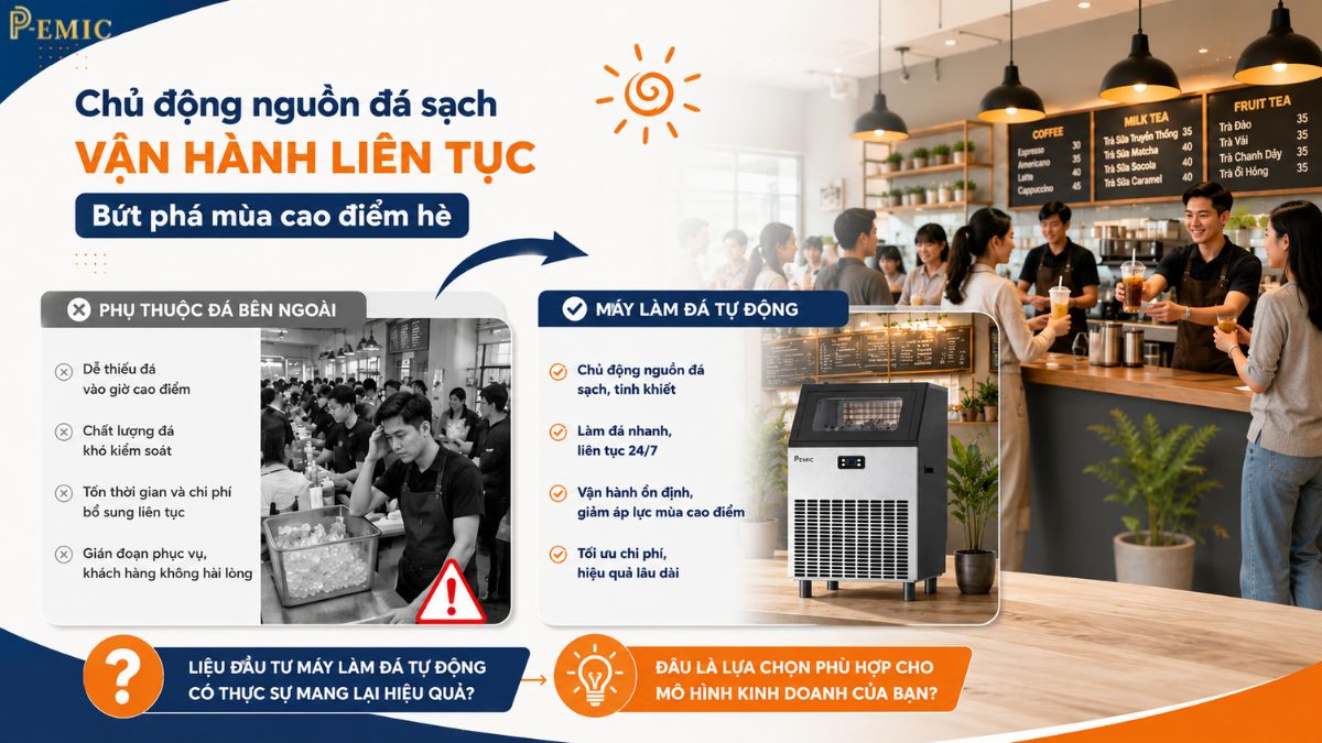 Máy Làm Đá Tự Động Có Đáng Đầu Tư Cho Quán Cao Điểm Hè? 2 Giải pháp chủ động đá sạch từ máy làm đá tự động