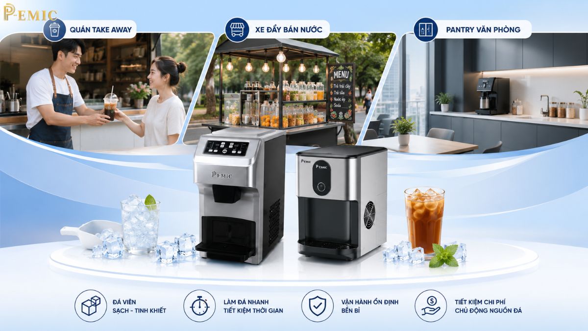 Máy Làm Đá Viên Loại Nhỏ Cho Quán Take Away, Xe Đẩy, Pantry 2 Máy làm đá mini quán