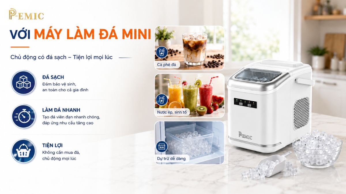 Máy Làm Nước Đá Mini Có Đủ Dùng Cho Gia Đình Mùa Hè Không? 2 Máy làm nước đá mini đang dần được nhiều gia đình lựa chọn